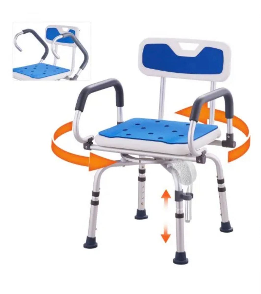 Chaise de douche pivotante à 360° avec dossier et accoudoirs — hauteur réglable