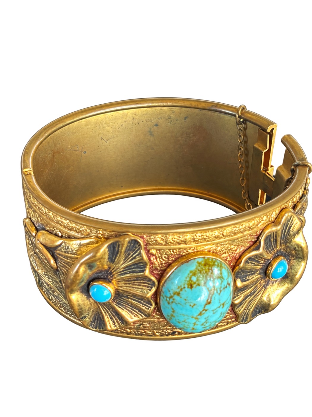 Bracelet jonc « Ginkgo » — grande turquoise et éventails dorés